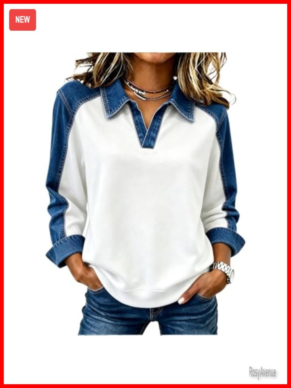 Women's Pullover Sweatshirt Denim Patchwork Long Sleeve Top